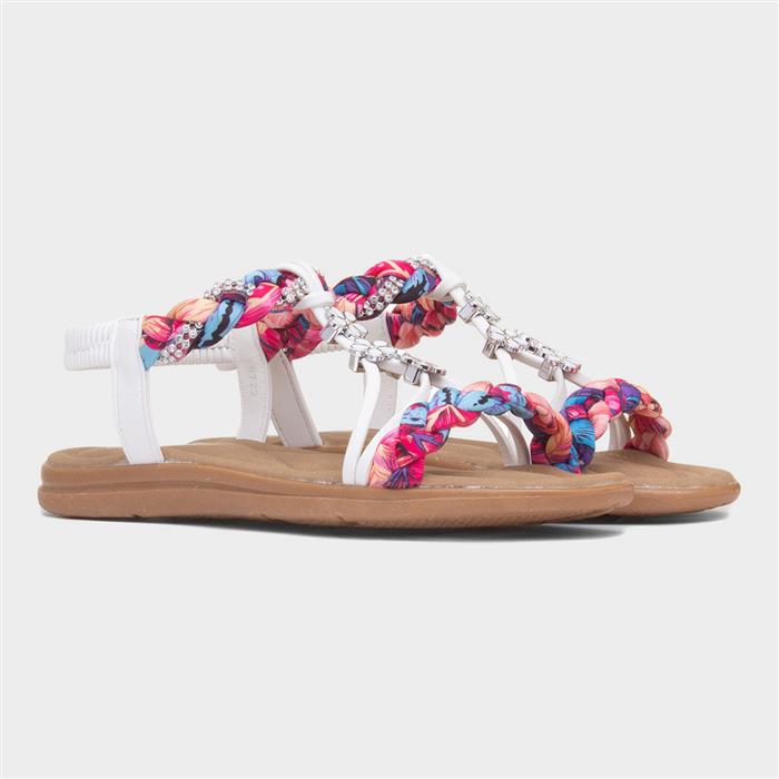 Womens White Ribbon Twist Diamante Sandal