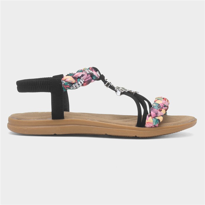 Womens Black Ribbon Twist Diamante Sandals