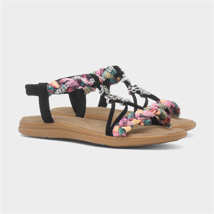 Womens Black Ribbon Twist Diamante Sandals