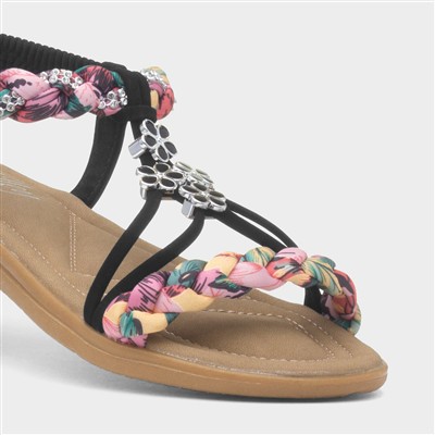 Womens Black Ribbon Twist Diamante Sandals