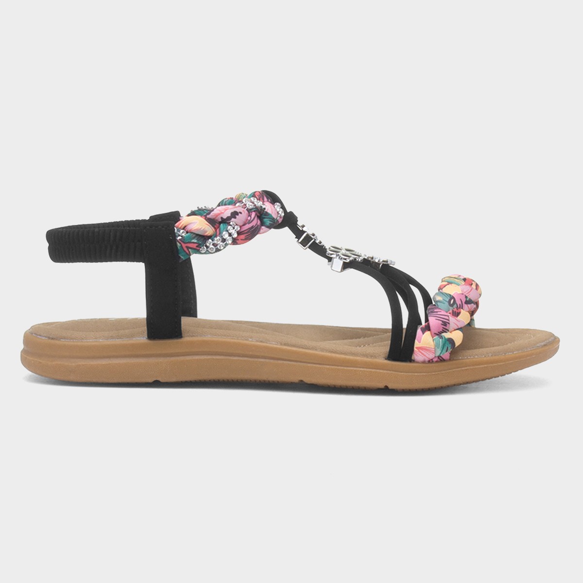 Womens Black Ribbon Twist Diamante Sandals