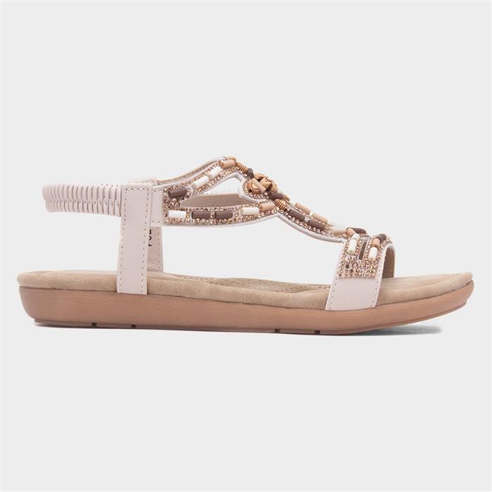 Womens Beige Beaded Strappy Slip On Sandal