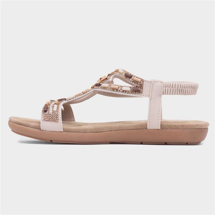 Womens Beige Beaded Strappy Slip On Sandal