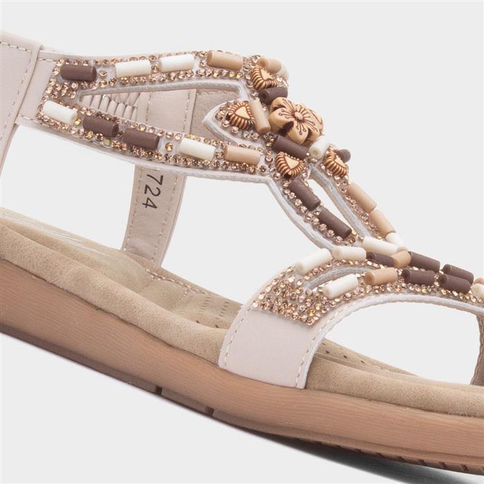 Womens Beige Beaded Strappy Slip On Sandal