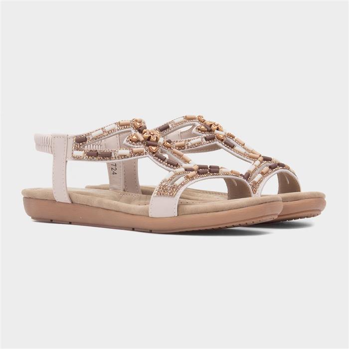 Womens Beige Beaded Strappy Slip On Sandal