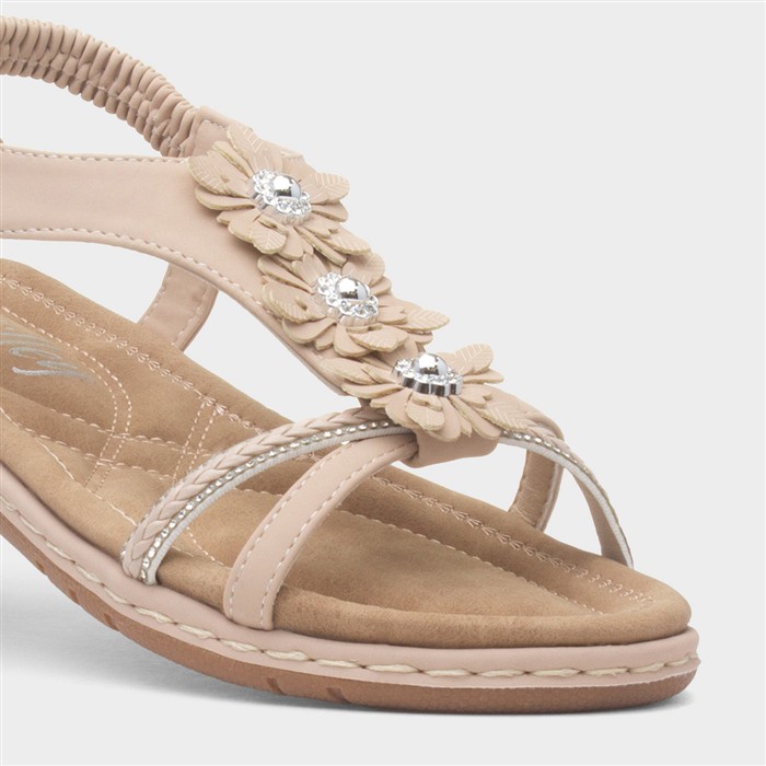 Womens Cream Diamante & Flowers Sandals