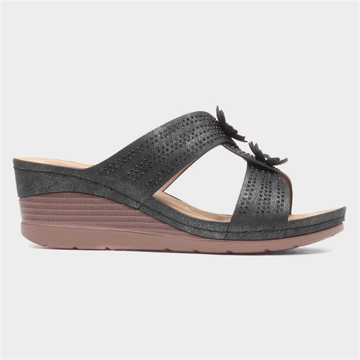 Womens Black Flower Wedge Mule Sandal