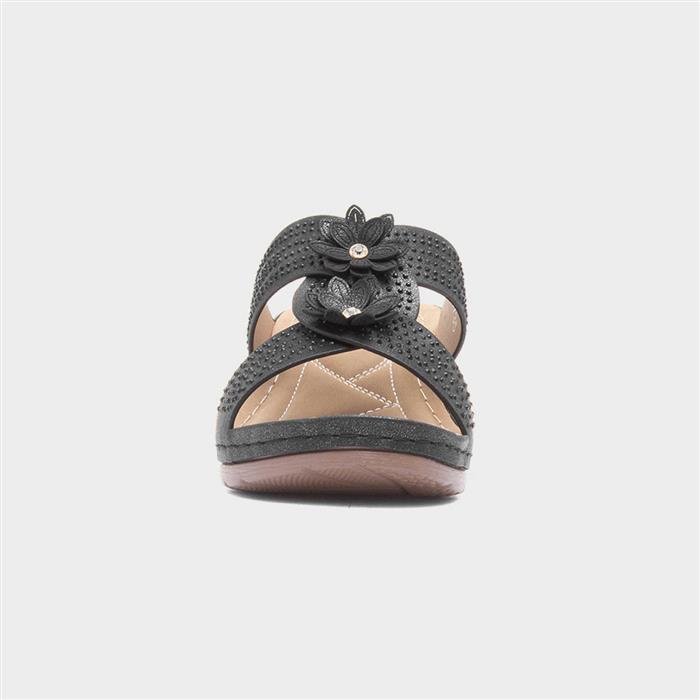 Womens Black Flower Wedge Mule Sandal