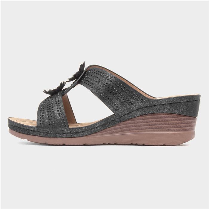 Womens Black Flower Wedge Mule Sandal