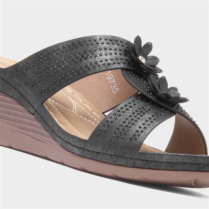Womens Black Flower Wedge Mule Sandal