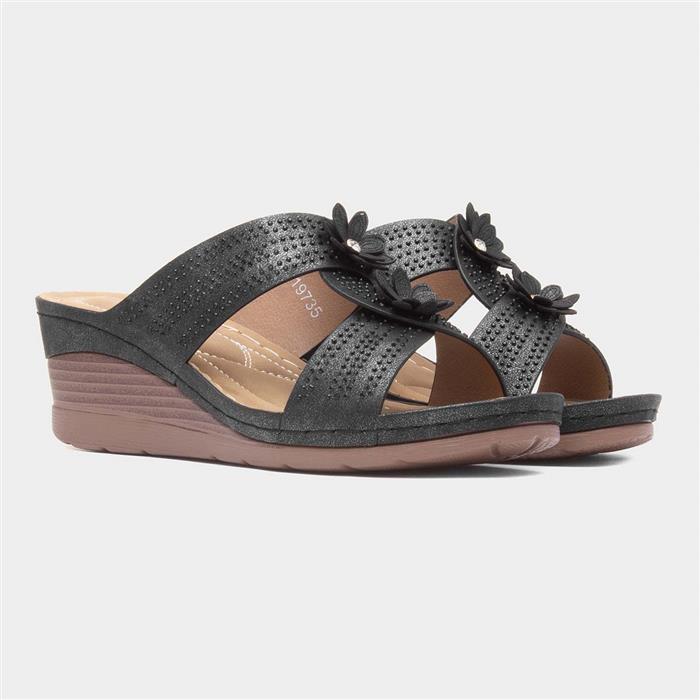 Womens Black Flower Wedge Mule Sandal