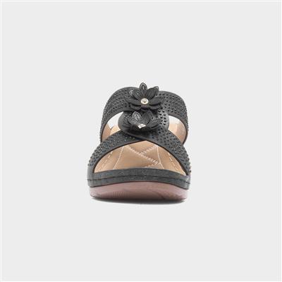 Womens Black Flower Wedge Sandal