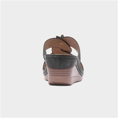 Womens Black Flower Wedge Sandal