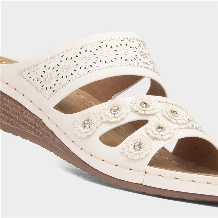 Womens White Diamante Wedge Mule Sandal