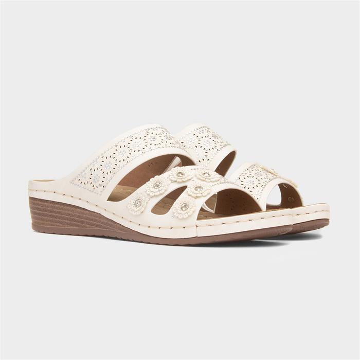 Womens White Diamante Wedge Mule Sandal