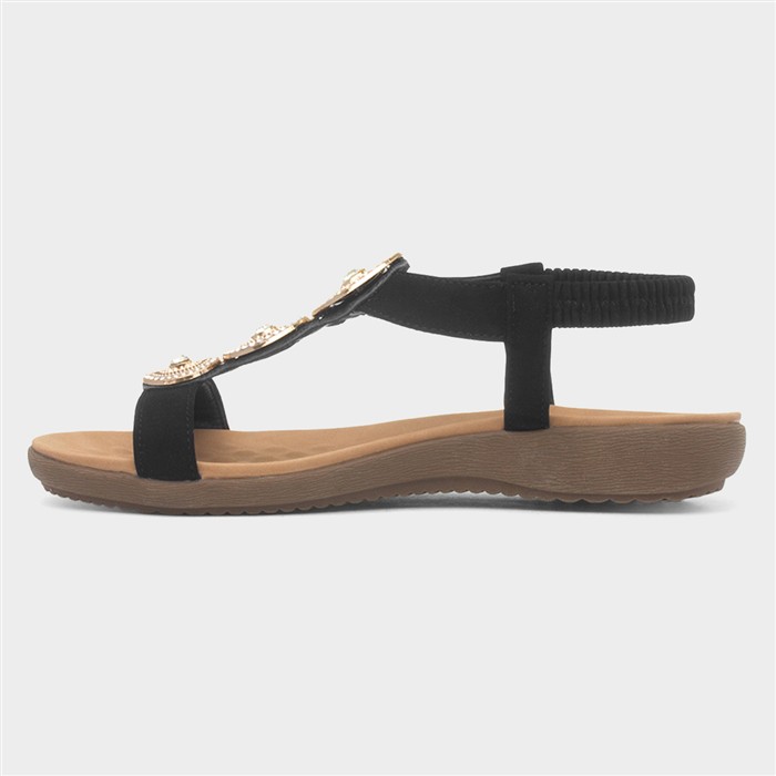 Womens Black & Gold Diamante Slip On Sandal
