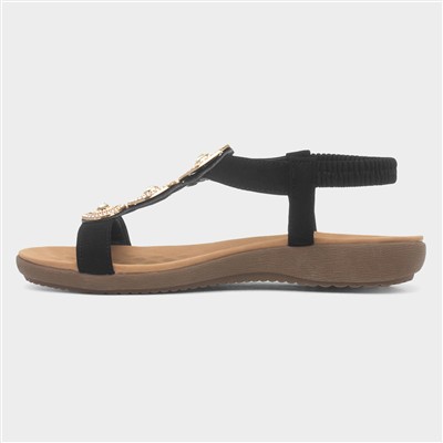 Womens Black & Gold Diamante Slip On Sandal