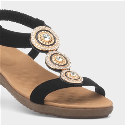 Womens Black & Gold Diamante Slip On Sandal