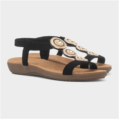 Womens Black & Gold Diamante Slip On Sandal