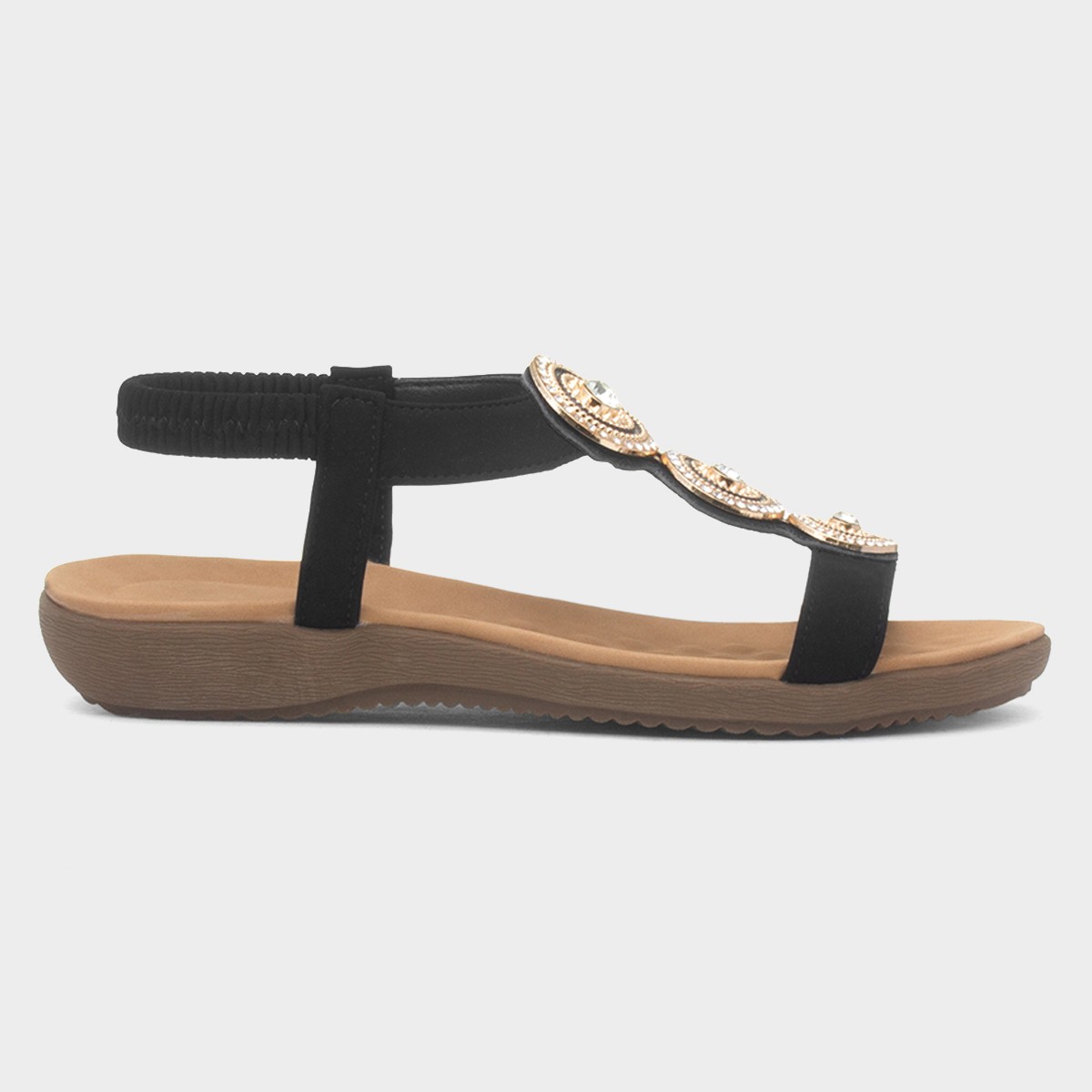 Womens Black & Gold Diamante Slip On Sandal