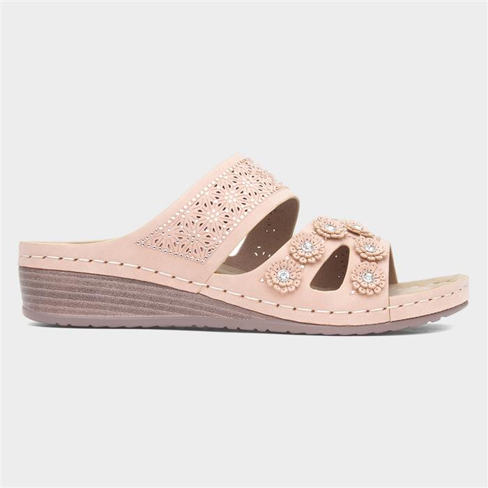 Womens Nude Diamante Wedge Mule Sandal