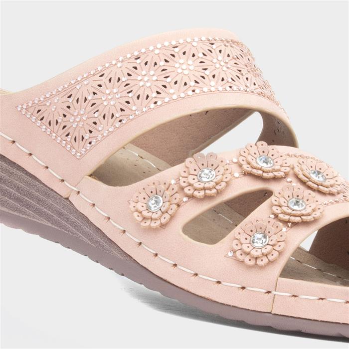 Womens Nude Diamante Wedge Mule Sandal