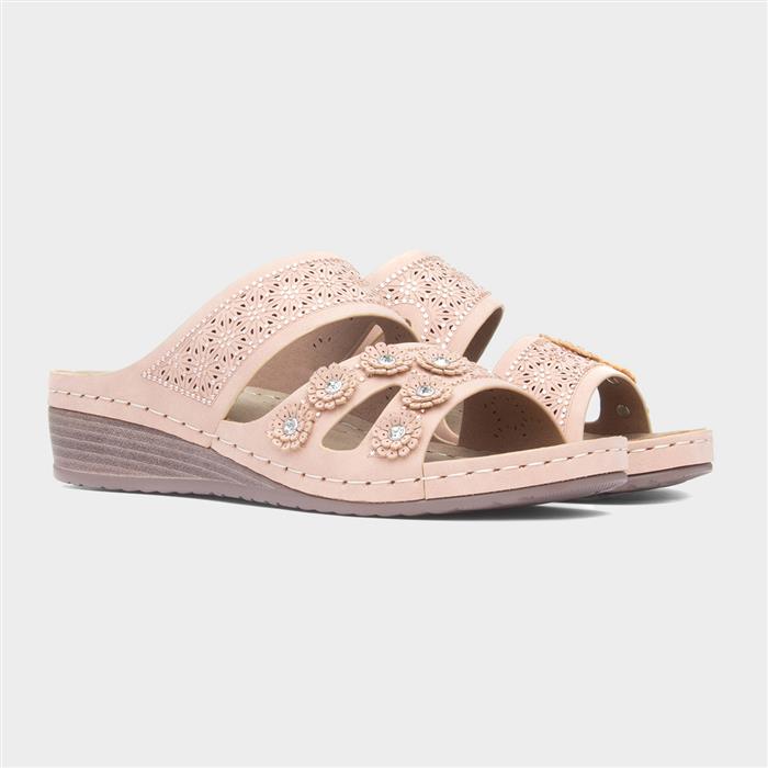 Womens Nude Diamante Wedge Mule Sandal