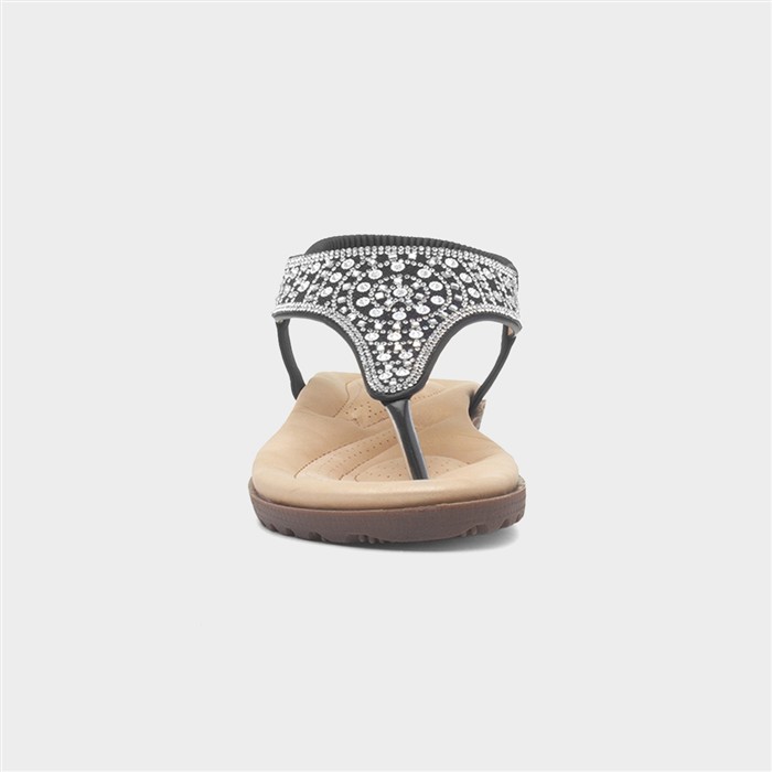 Womens Black Diamante Toe Post Sandal