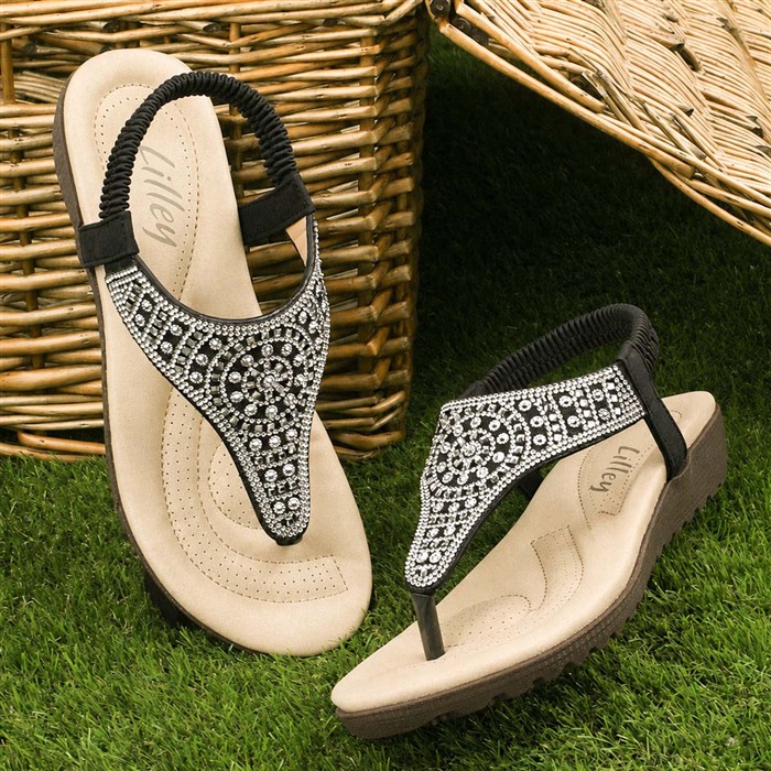 Womens Black Diamante Toe Post Sandal