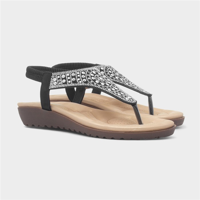 Womens Black Diamante Toe Post Sandal