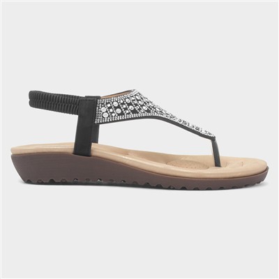 Womens Black Diamante Toe Post Sandal