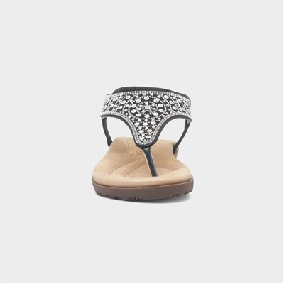 Womens Black Diamante Toe Post Sandal