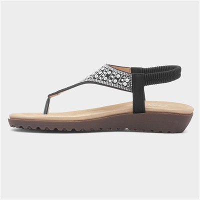 Womens Black Diamante Toe Post Sandal