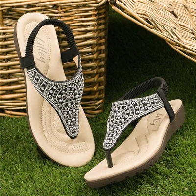Womens Black Diamante Toe Post Sandal