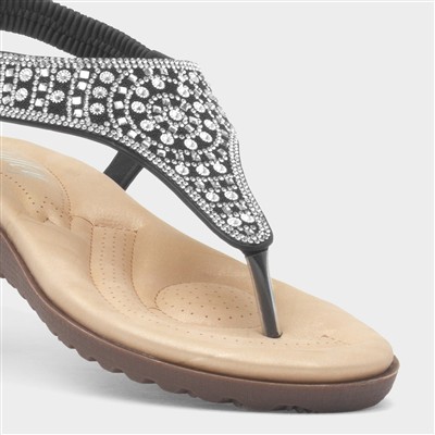 Womens Black Diamante Toe Post Sandal