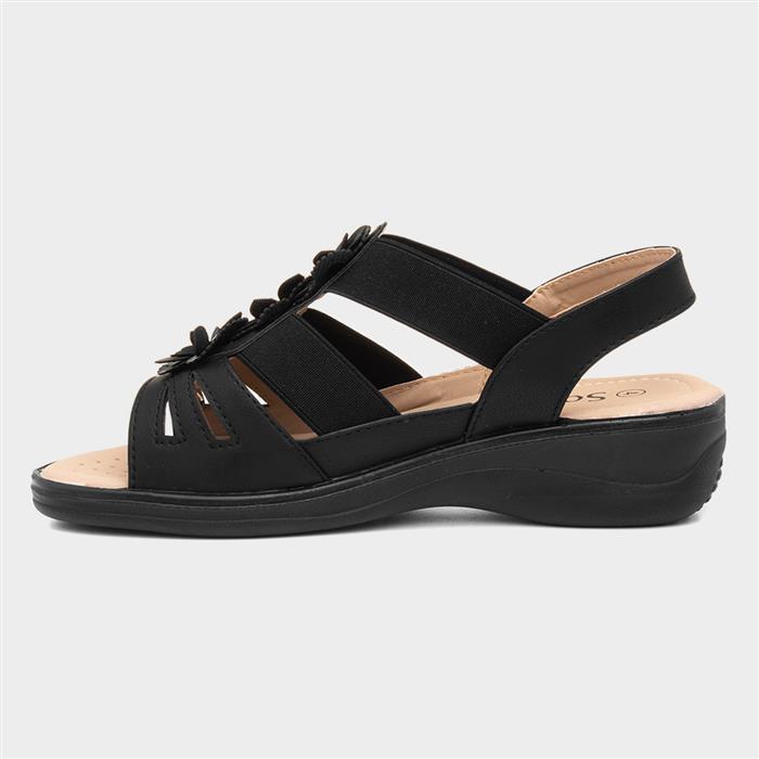 Womens Black Wedge Flower Slip On Sandal