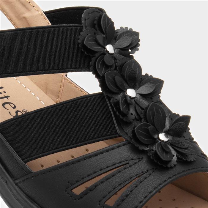 Womens Black Wedge Flower Slip On Sandal