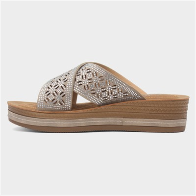 Womens Beige Wedge Mule Diamante Sandal