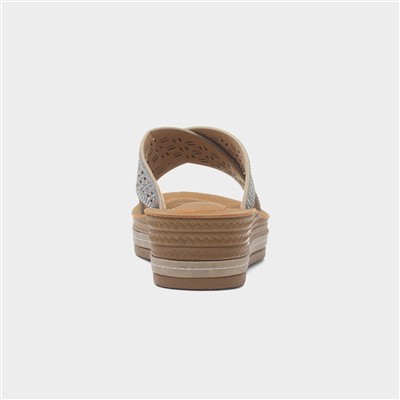 Womens Beige Wedge Mule Diamante Sandal