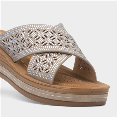 Womens Beige Wedge Mule Diamante Sandal