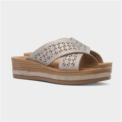 Womens Beige Wedge Mule Diamante Sandal
