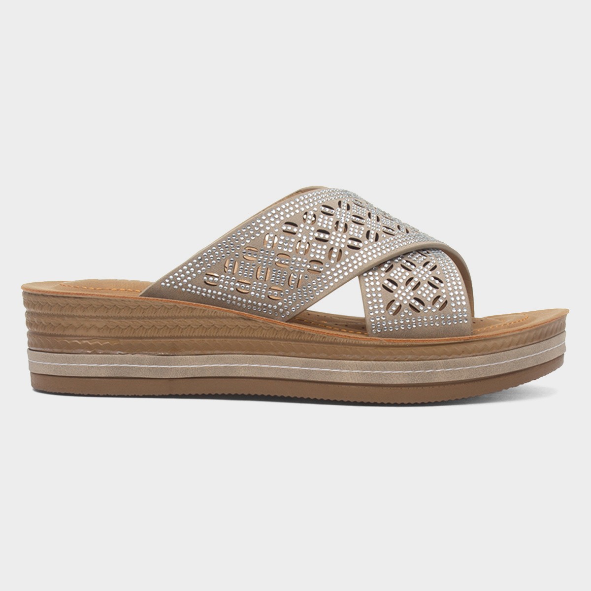 Womens Beige Wedge Mule Diamante Sandal