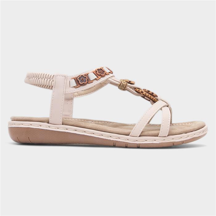 Womens Beige Beaded T-Bar Slip On Sandal