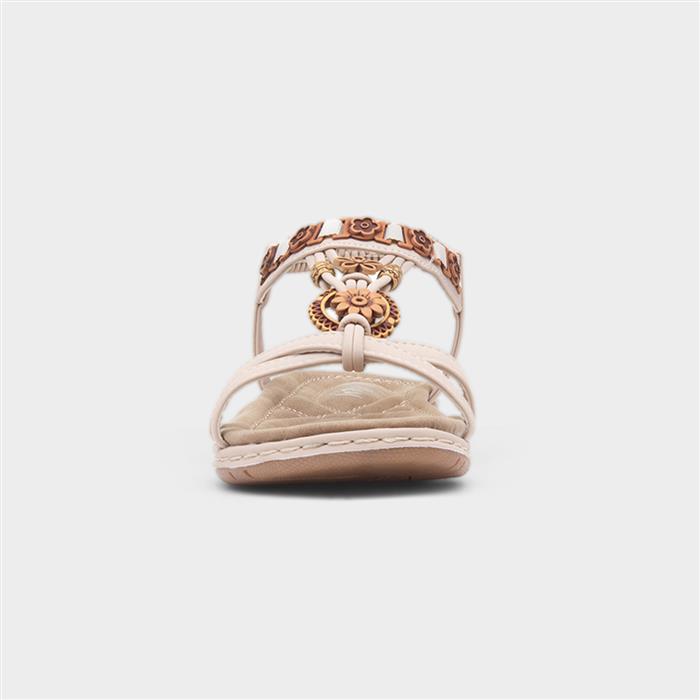 Womens Beige Beaded T-Bar Slip On Sandal