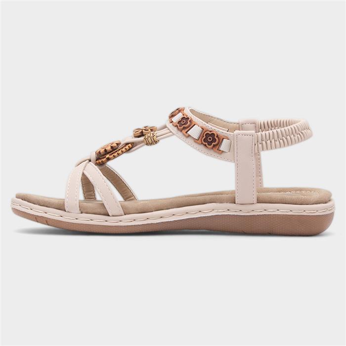 Womens Beige Beaded T-Bar Slip On Sandal