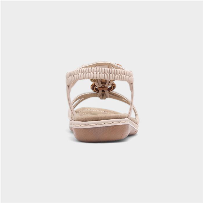 Womens Beige Beaded T-Bar Slip On Sandal