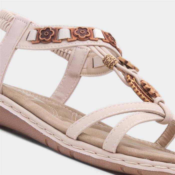 Womens Beige Beaded T-Bar Slip On Sandal