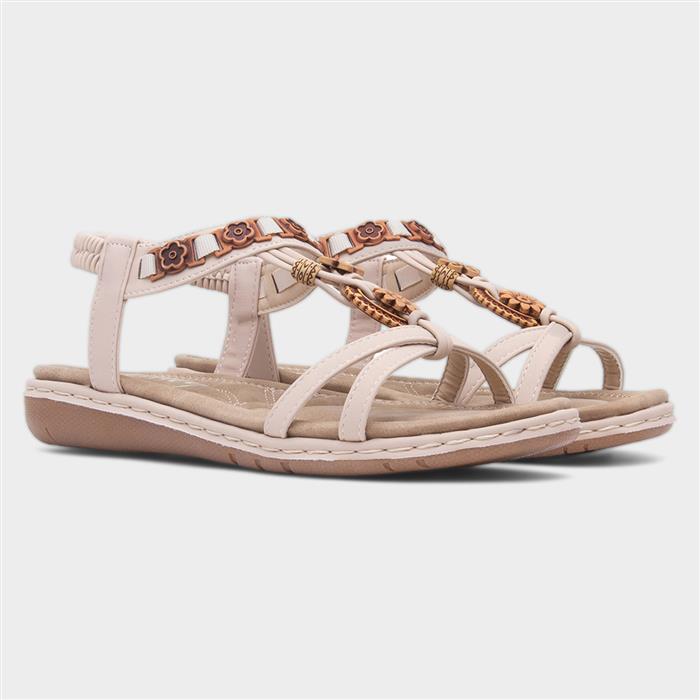 Womens Beige Beaded T-Bar Slip On Sandal