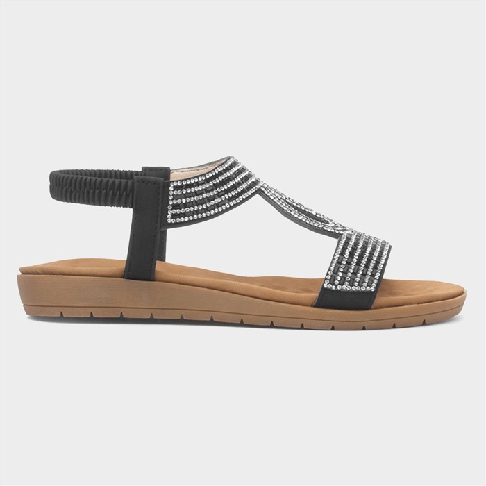 Womens Black Diamante T-Bar Slip On Sandal