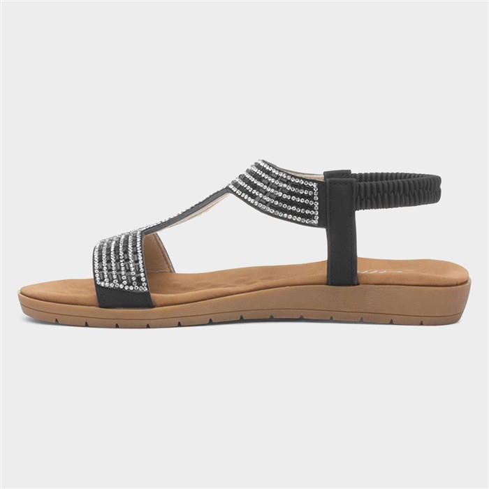 Womens Black Diamante T-Bar Slip On Sandal